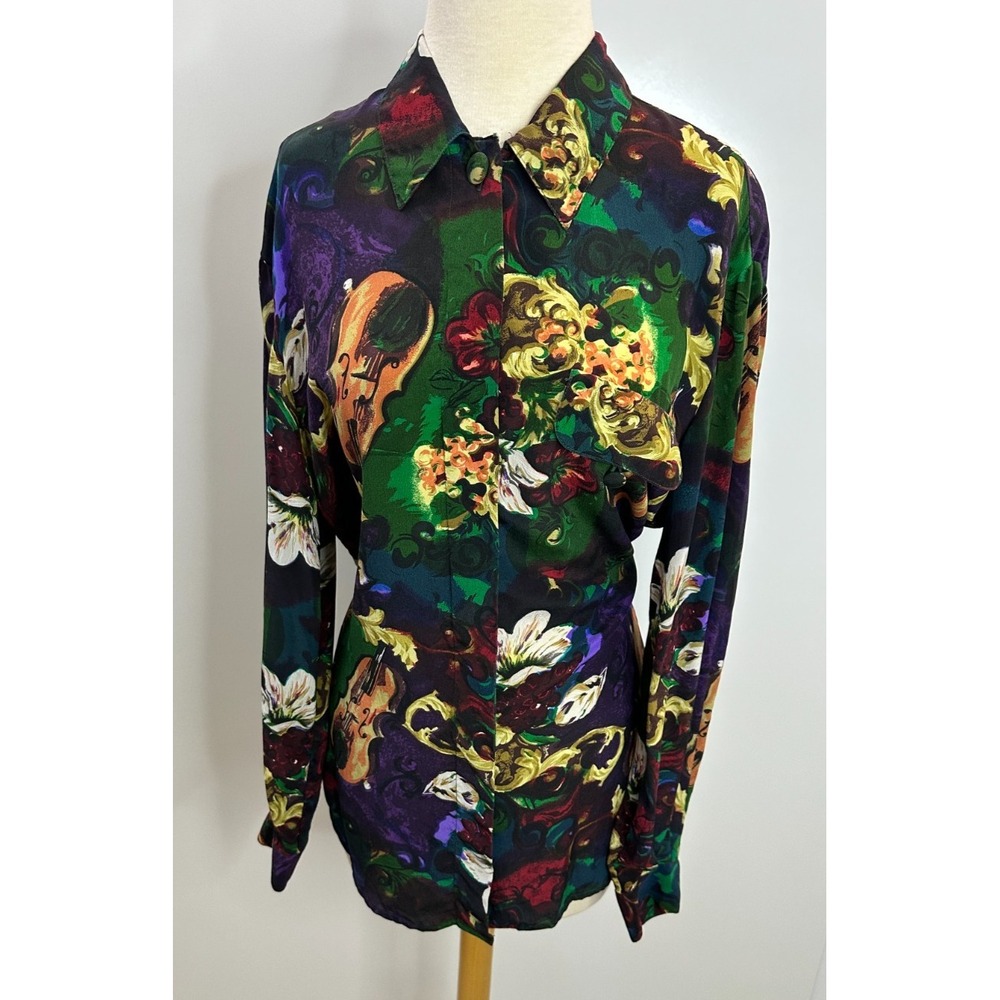 Dahan Vintage 100% Silk Violin Floral Baroque Button Up Shirt Medium Luxury Top - Picture 3 of 13